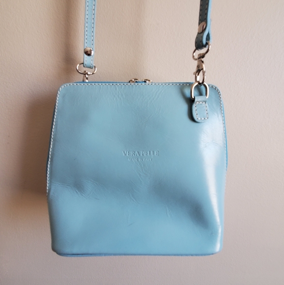 Handbags - Primo Sacchi Italian Leather, Small Micro Double Zip Up Crossbody bag, baby blue